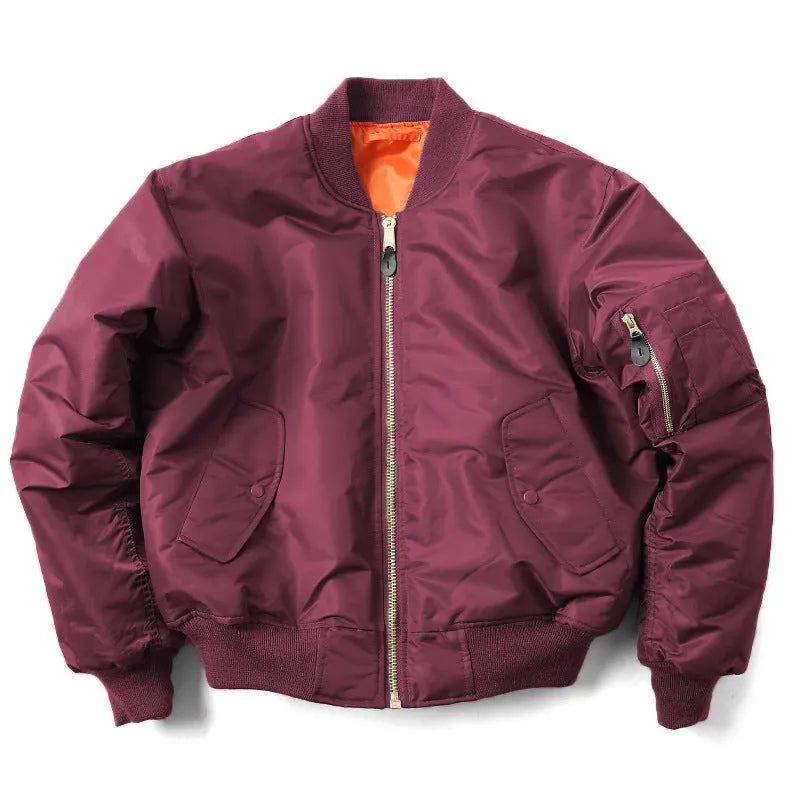 Men's loose fit cotton-padded nylon pilot jacket in army green on a hanger.