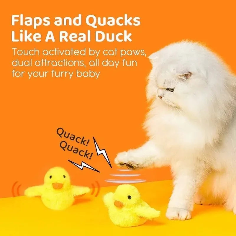 Yellow flapping duck cat toy with USB charging cable and removable plush cover