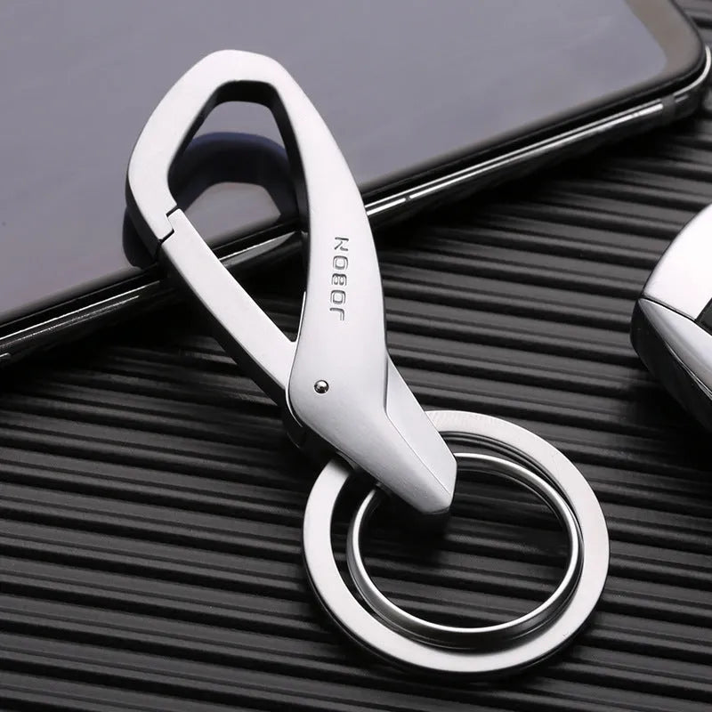 Zinc alloy double ring keychain in black, chrome or nickel colour showing 8.3cm by 3.5cm size