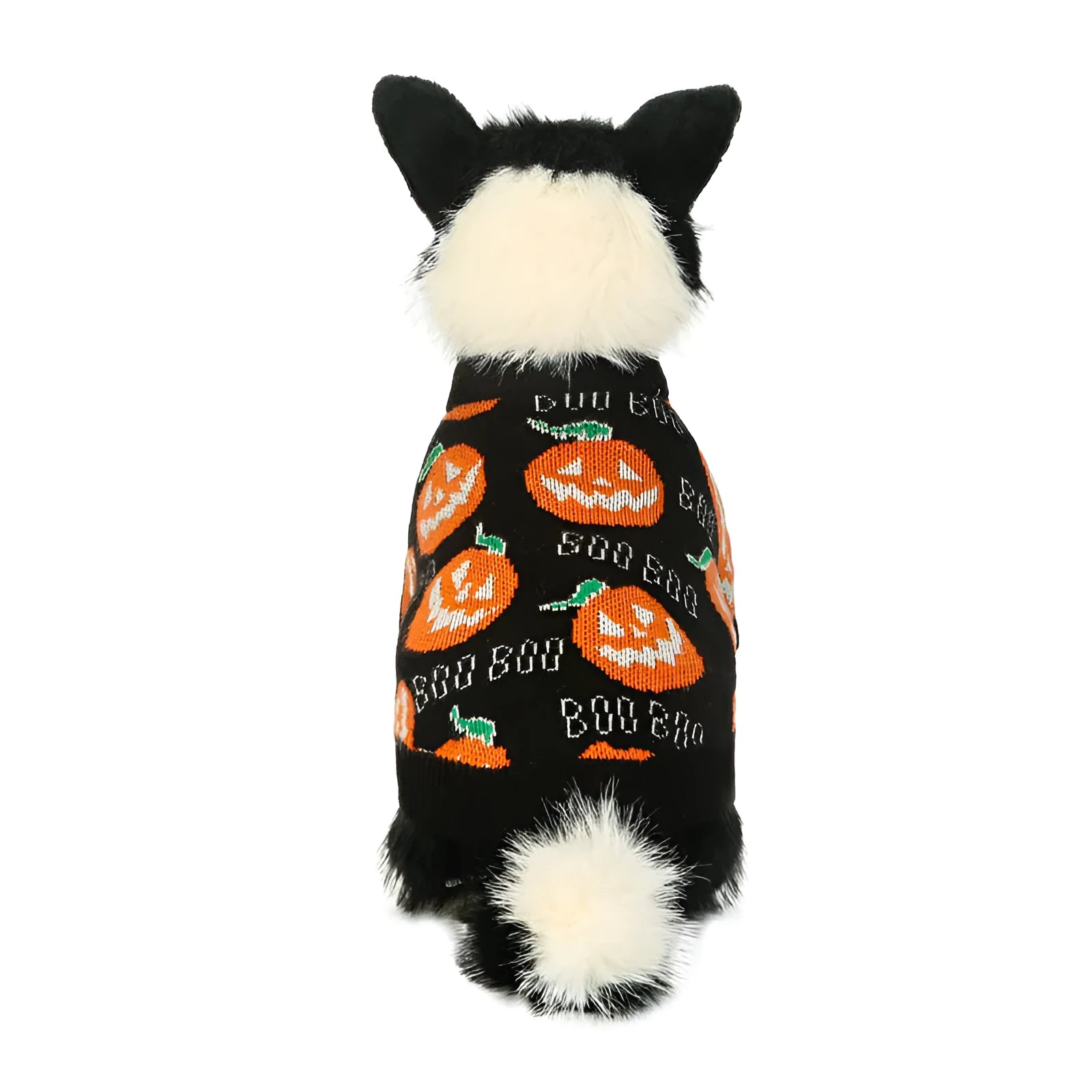 Black dog sweater with orange pumpkin print for Halloween, shown on a mannequin.