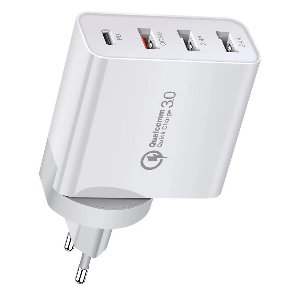 White multi-port USB wall charger with fast charging, showing PD and QC ports.