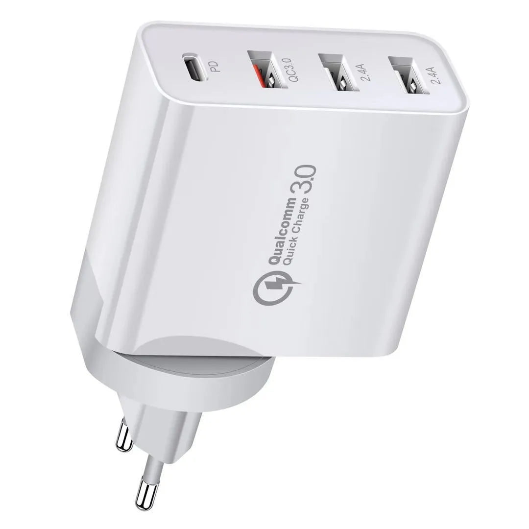 White multi-port USB wall charger with fast charging, showing PD and QC ports.