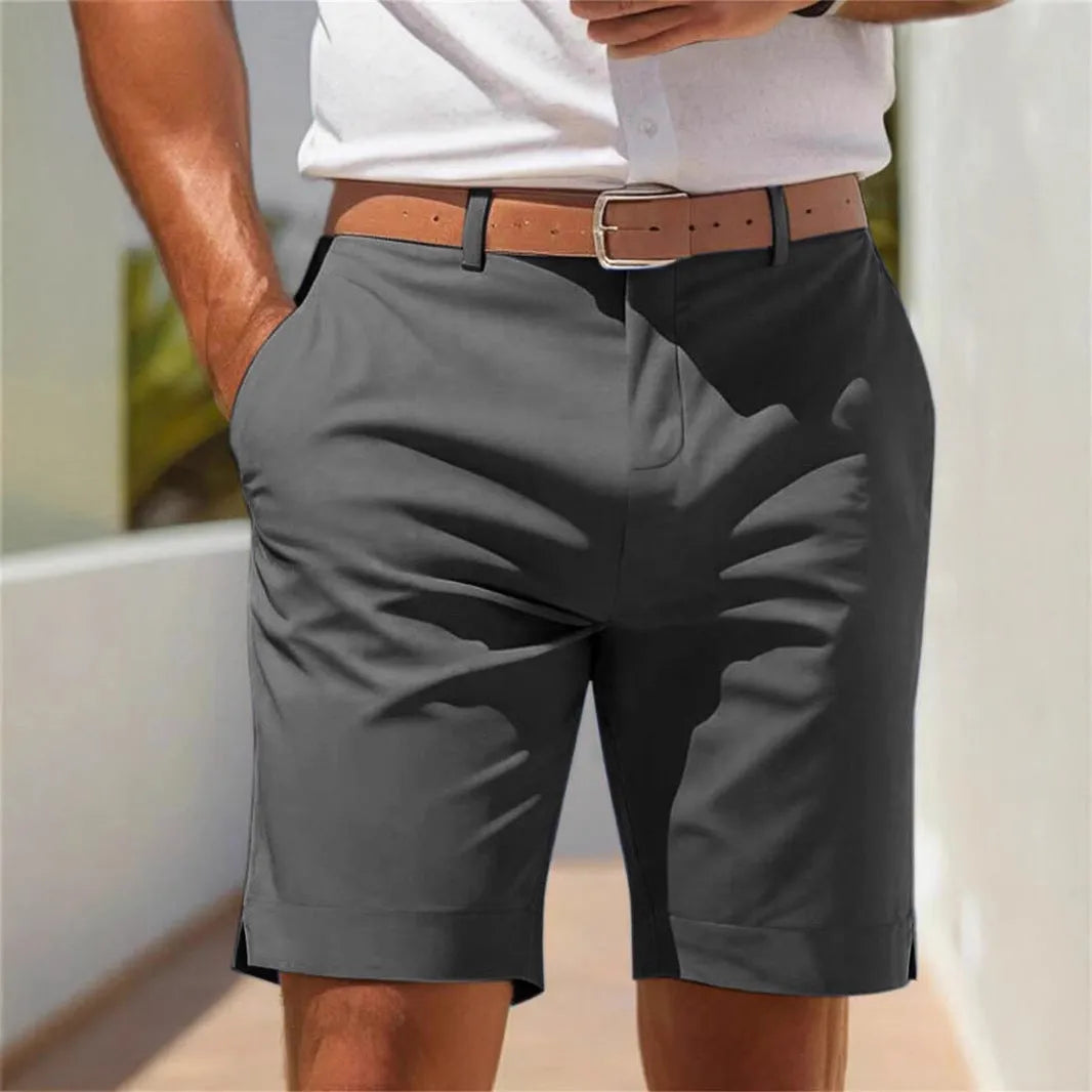 Men's light grey straight-leg polyester business suit shorts for summer casual wear.