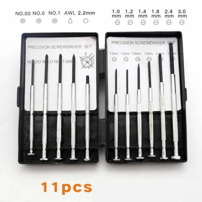 TH-6177 11-piece clock repair screwdriver set with cross-head and flat-head tools.