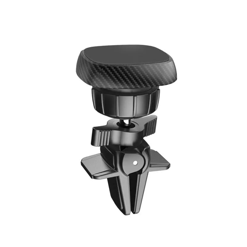 Black magnetic car phone holder mounted on vehicle air vent with anti-slip baffle plate