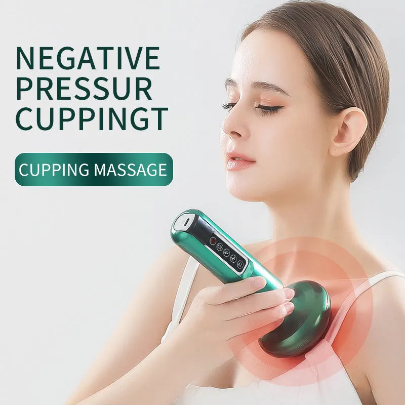Green electric vacuum cupping massager with USB charger and essential oil head