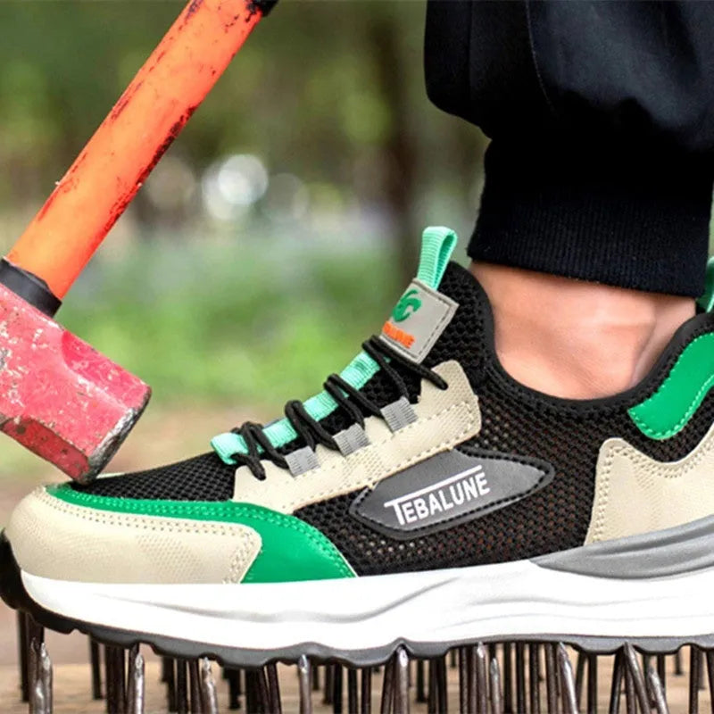 Black and green low-top safety shoe with mesh upper and plastic steel toe cap on a white background.