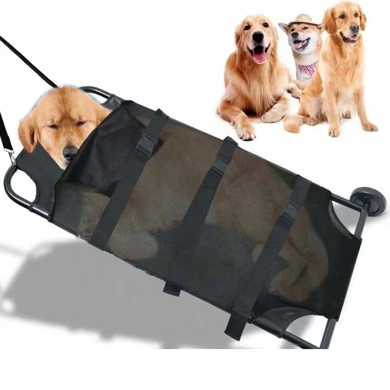 Large black foldable aluminium alloy pet stretcher for dogs laid flat.