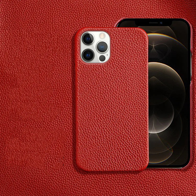 Genuine leather protective case for iPhone in multiple colours, showing simple design and half-break style.