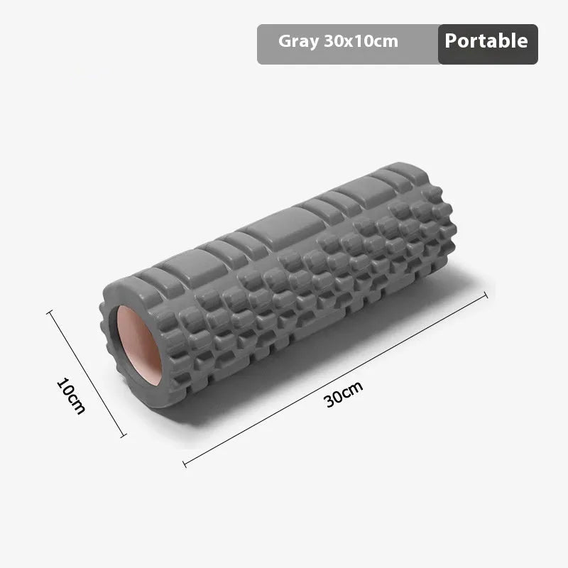 EVA foam roller for fitness in black, grey, pink, sky blue, or light purple, showing size options.