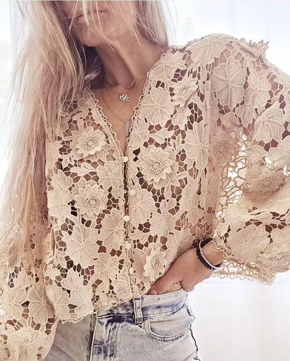 Women's white lace V-neck cardigan with three-dimensional floral decoration and long sleeves