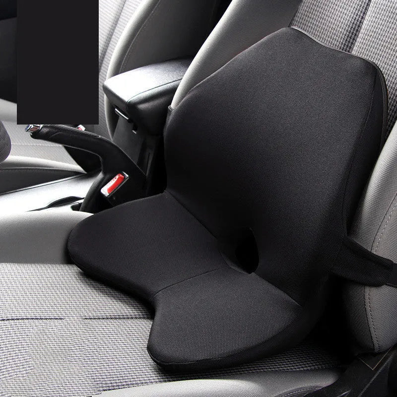 Memory foam car seat cushion and optional headrest in beige colour on a car seat