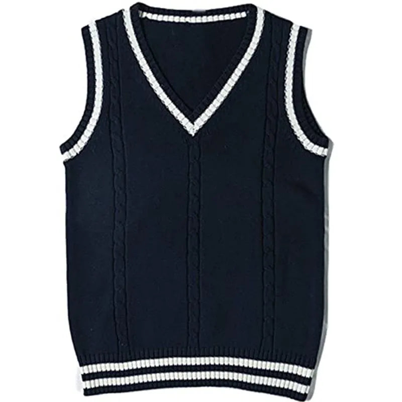 Women's slim fit V-neck acrylic waistcoat sweater with striped stitching in wine red.