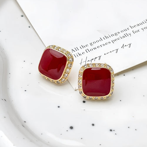 Retro red square alloy earrings geometric shape women's jewellery