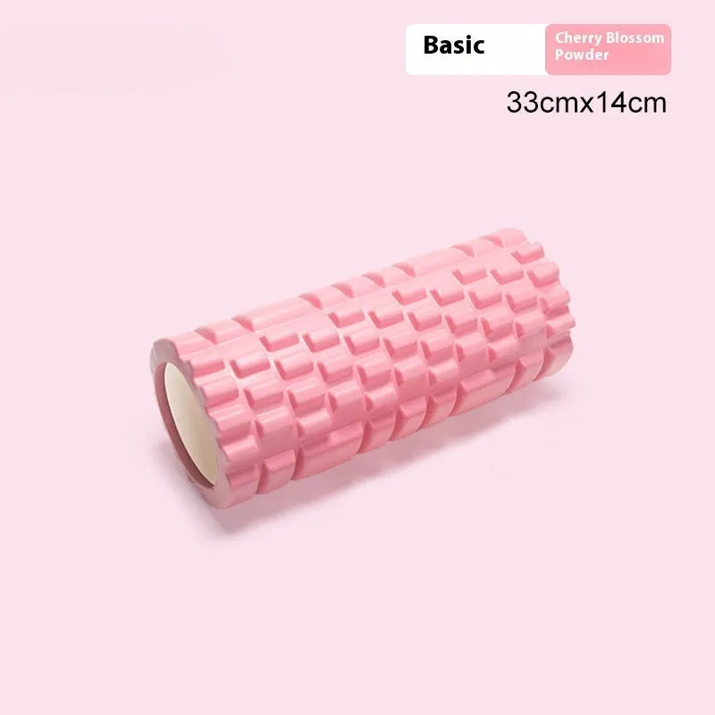 EVA foam roller for fitness in black, grey, pink, sky blue, or light purple, showing size options.