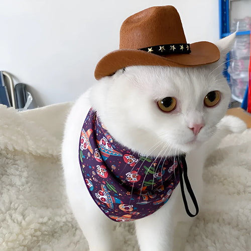 XINGX British cowboy hat for cats in non-woven fabric with decorative ribbon trim.