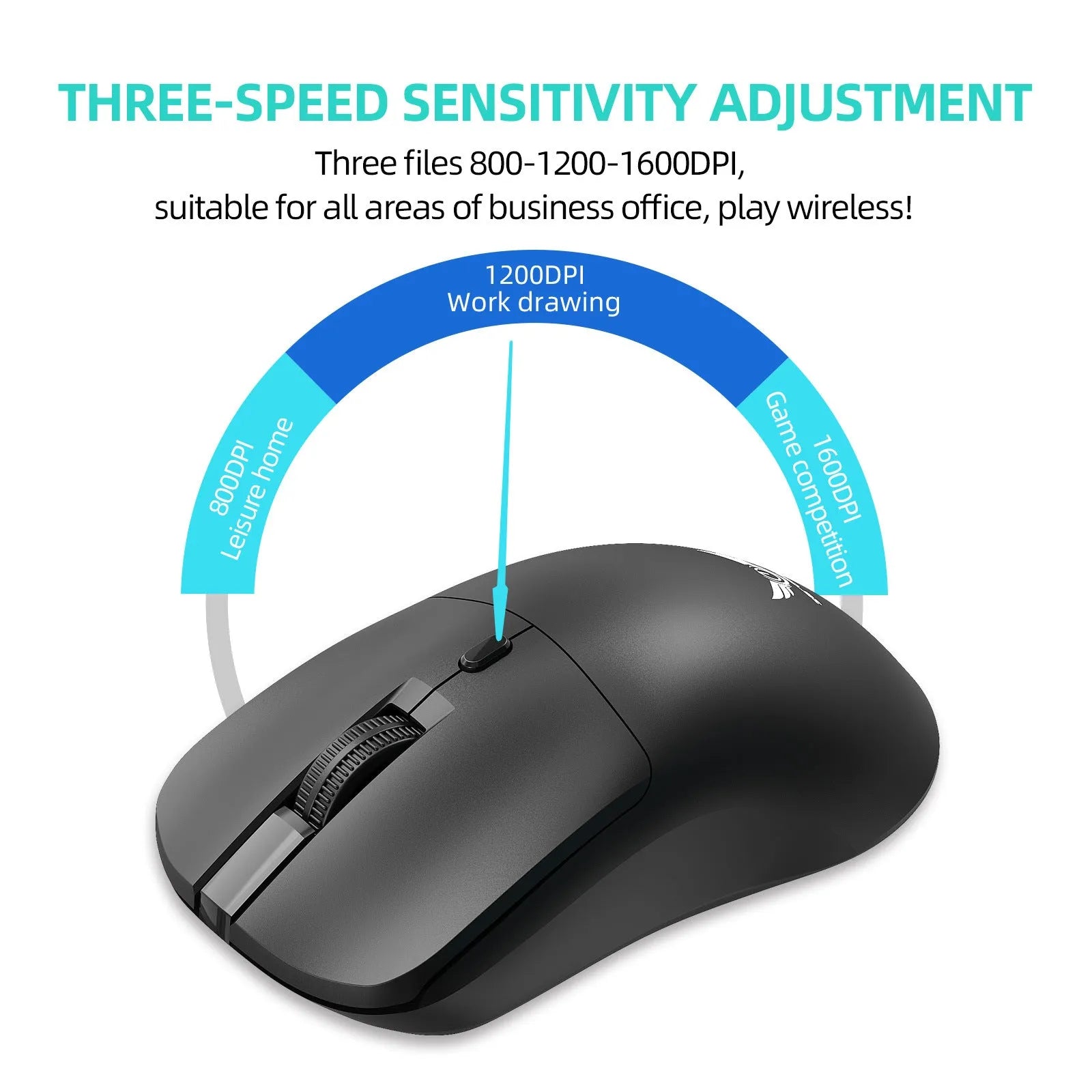 Black wireless mouse with three audio control buttons and scroll wheel