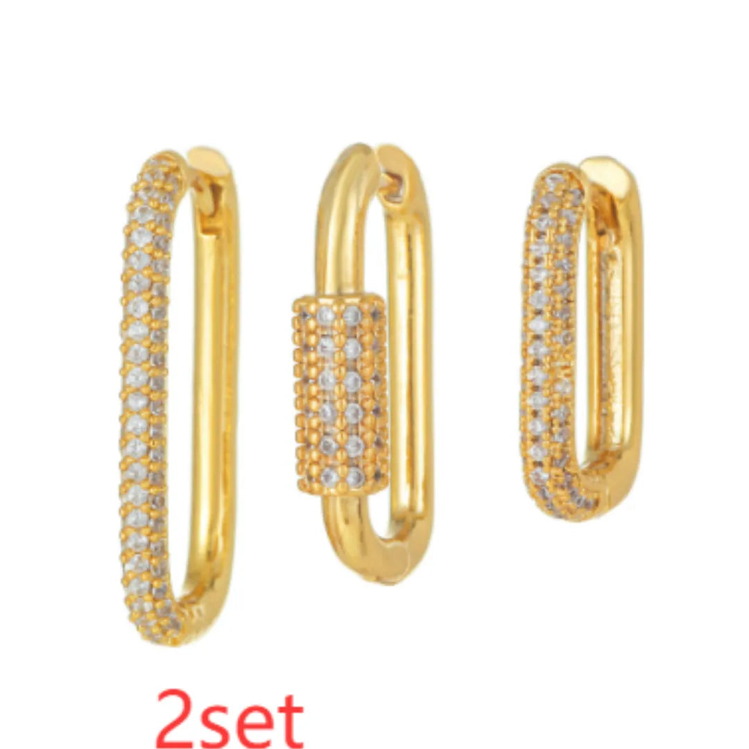 Geometric zircon ear clip three-piece set in copper with square design and European American style