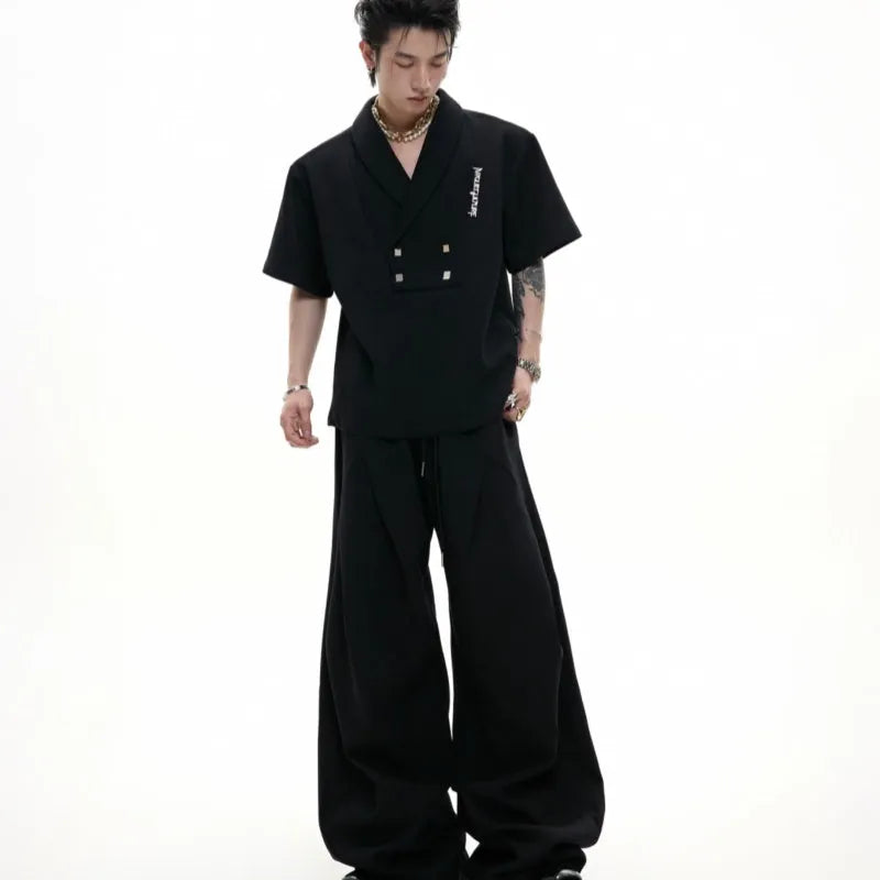 Men's cotton sports suit with V-neck jacket, padded shoulders, metal embellishments and matching shorts