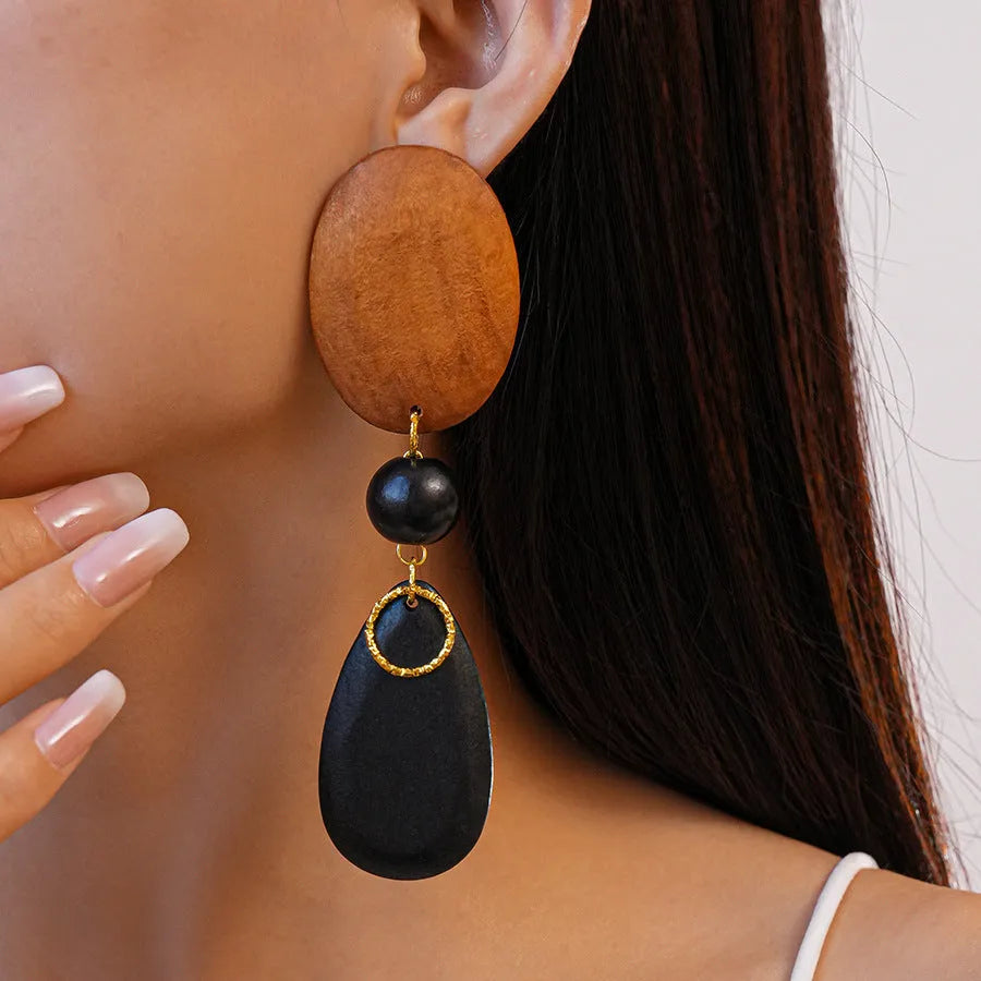 Handmade wooden retro earrings with ellipse design in silver needle-brown-black colours