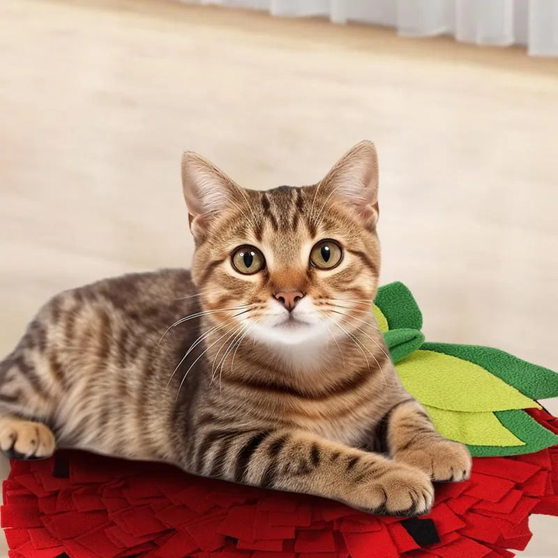 Red and green strawberry-shaped pet slow feeder mat with hiding spots measuring 45x35 cm
