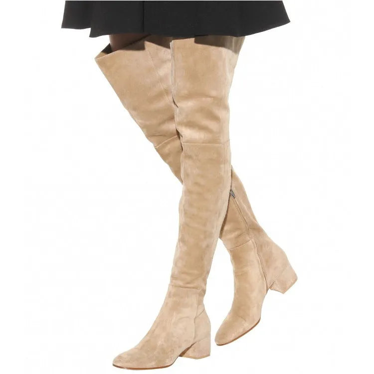 Grey suede women's over-the-knee boots with a pointed toe and flat low heel.