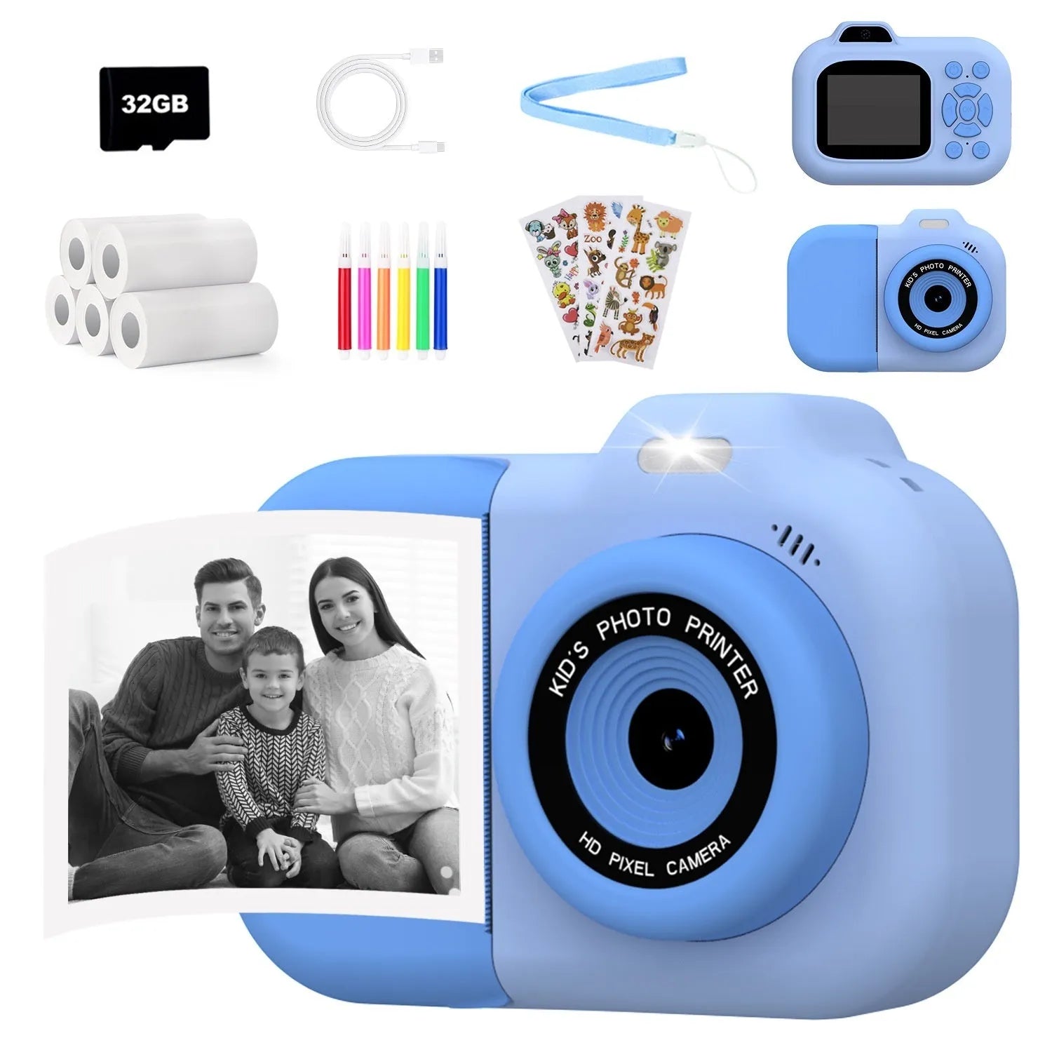 Children's plastic digital camera in pink, blue or purple colour with charging cable