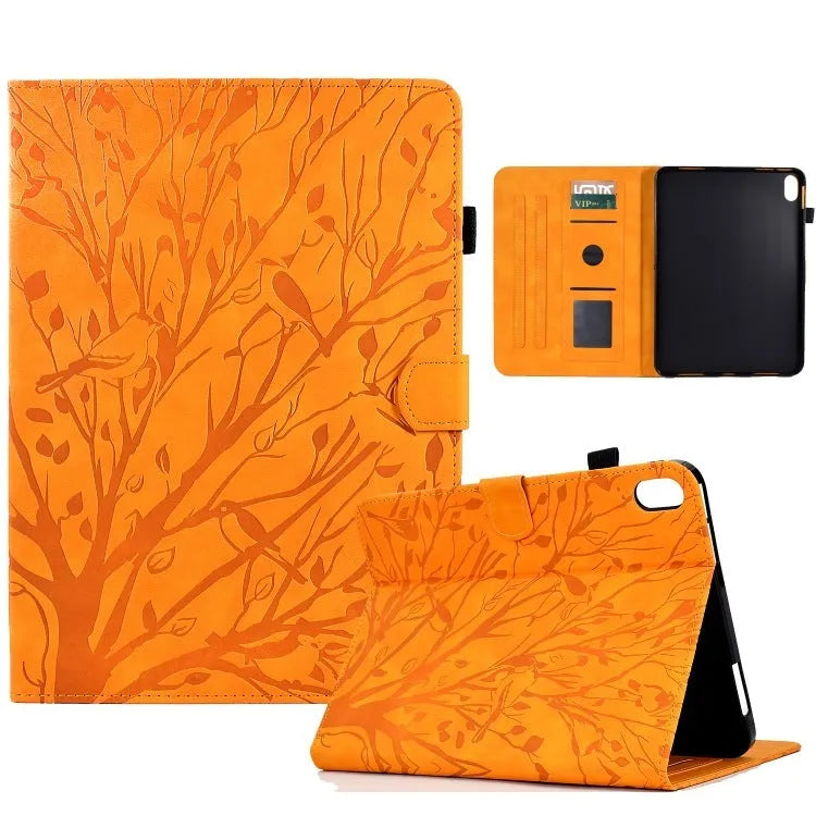 Black imitation leather tablet case with Pachira macrocarpa engraving and built-in viewing bracket open.