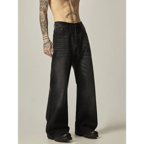 Black loose straight jeans with retro styling and zipper fly in polyester denim fabric