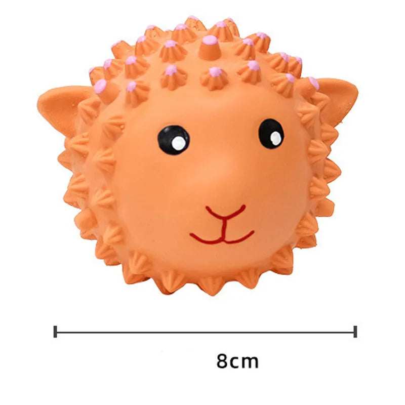 Orange and yellow spiky latex squeaky dog toy approximately 3 inches diameter