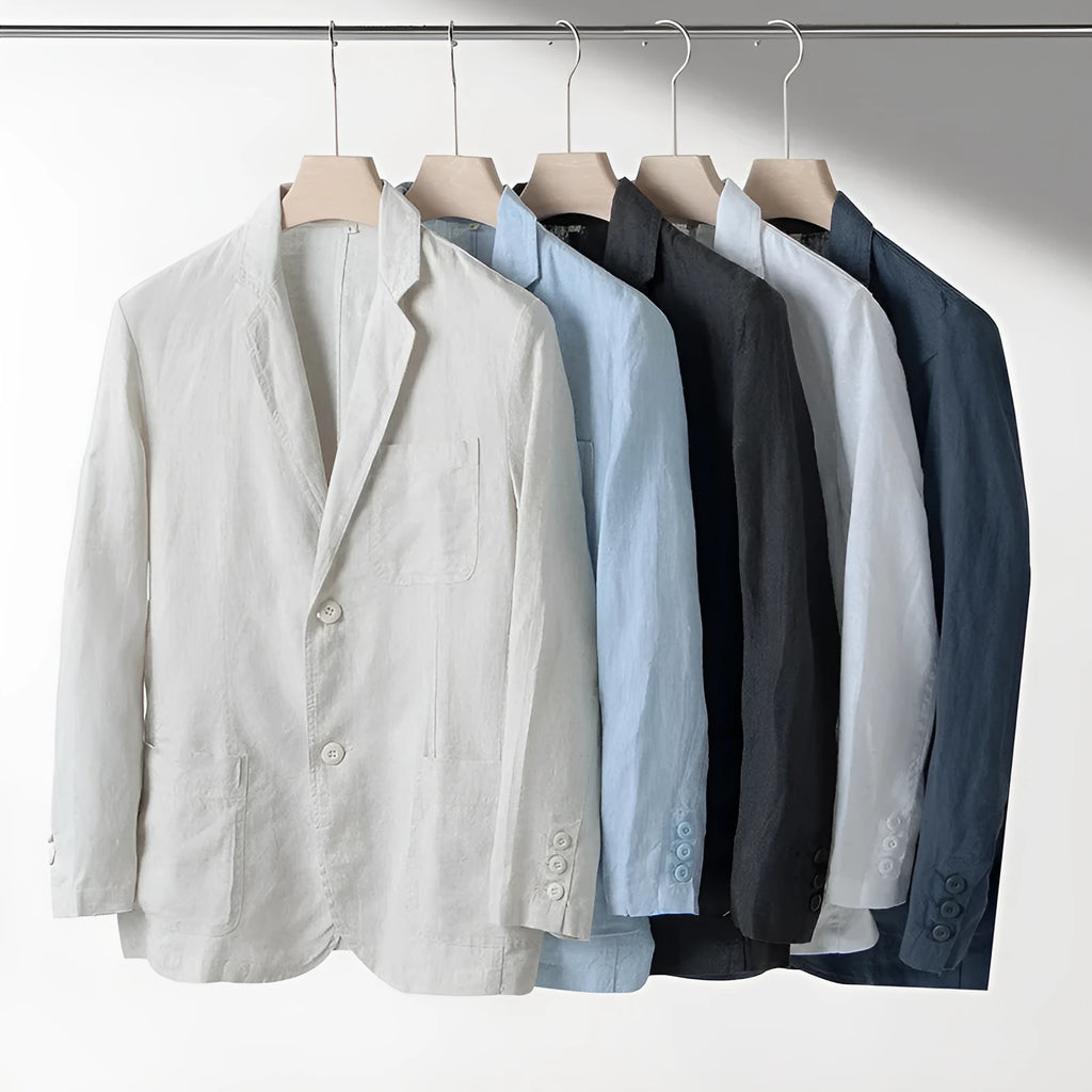 Men's solid colour linen casual blazer jacket shown in a loose fit style.