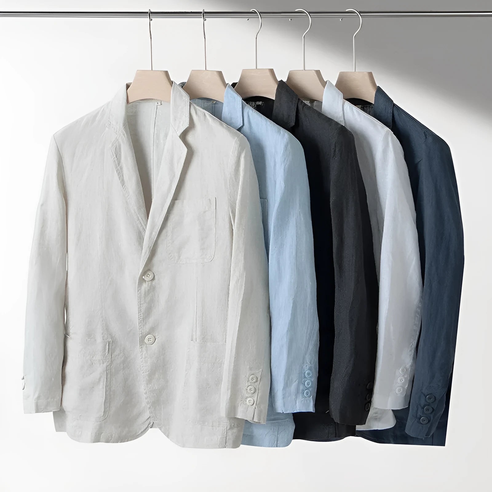 Men's solid colour linen casual blazer jacket shown in a loose fit style.