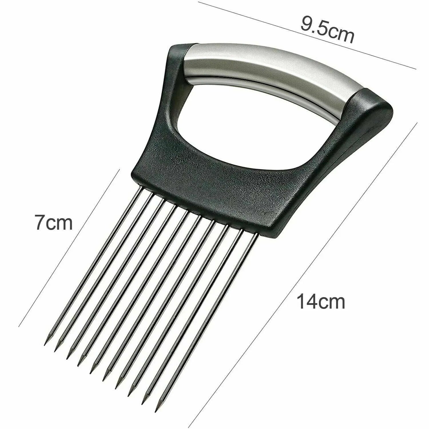 Stainless steel food slice assistant with ABS handle for stabilising onions and tomatoes during cutting