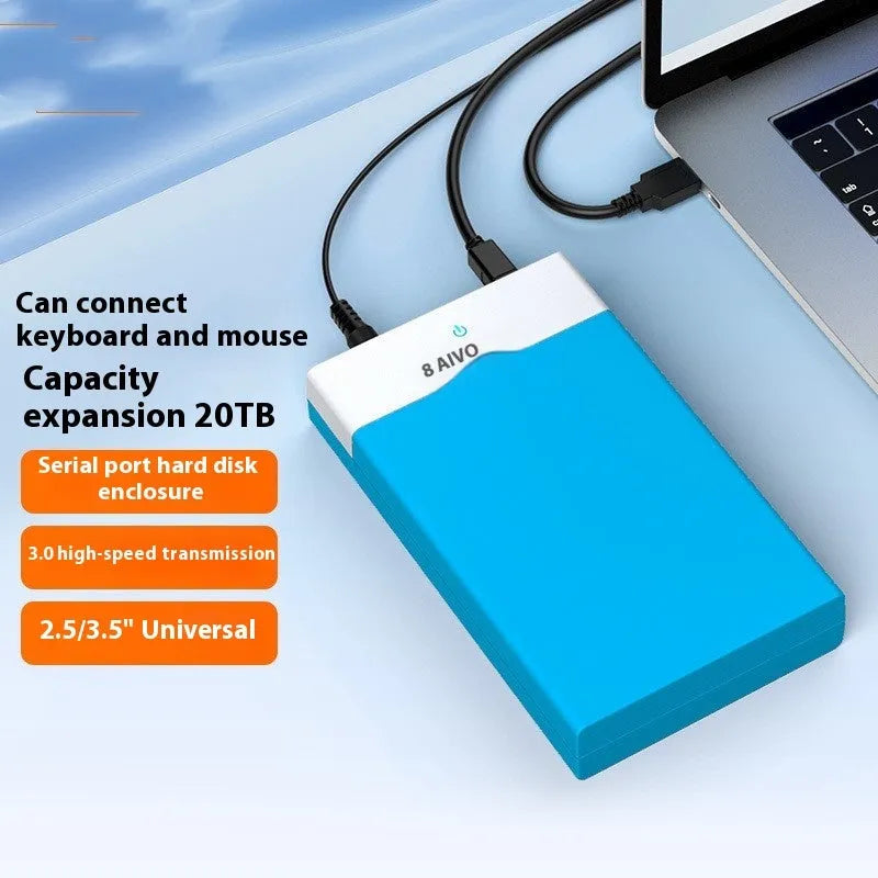 3.5 inch USB 3.0 SATA hard disk enclosure in two-tone colour with power supply and cable