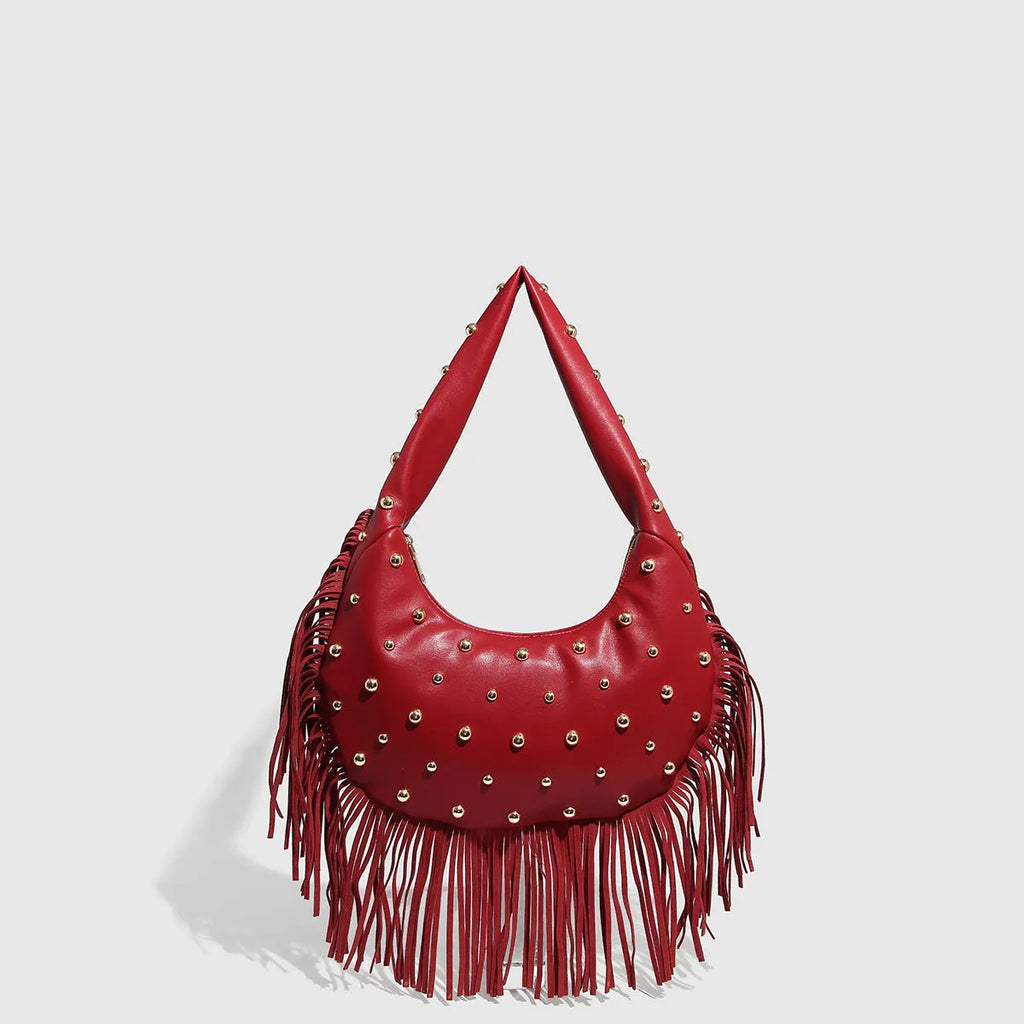 Retro tassel shoulder handbag in black or wine red with interior mobile phone pouch