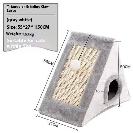 Triangle-shaped cat bed with sisal scratching corners in grey and white colour combination