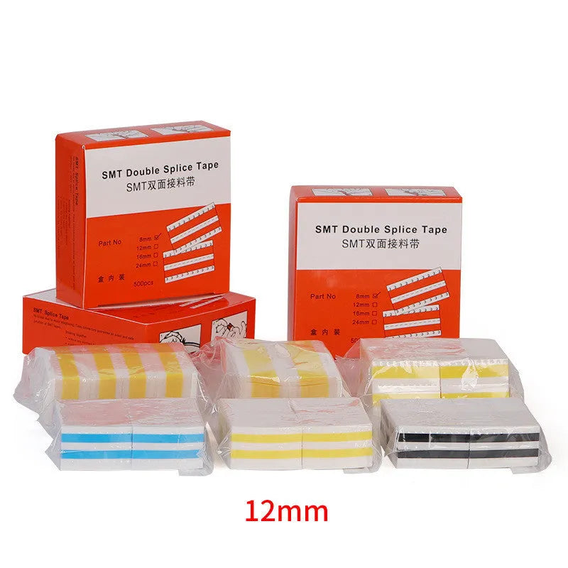Rolls of SMT double-sided splicing tape in yellow, blue, black, and gum colours for placement machines.