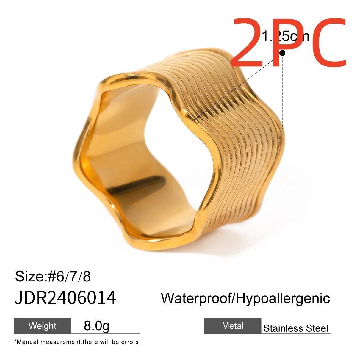 Stainless steel wide band ring with a geometric wave pattern design in an electroplated finish.