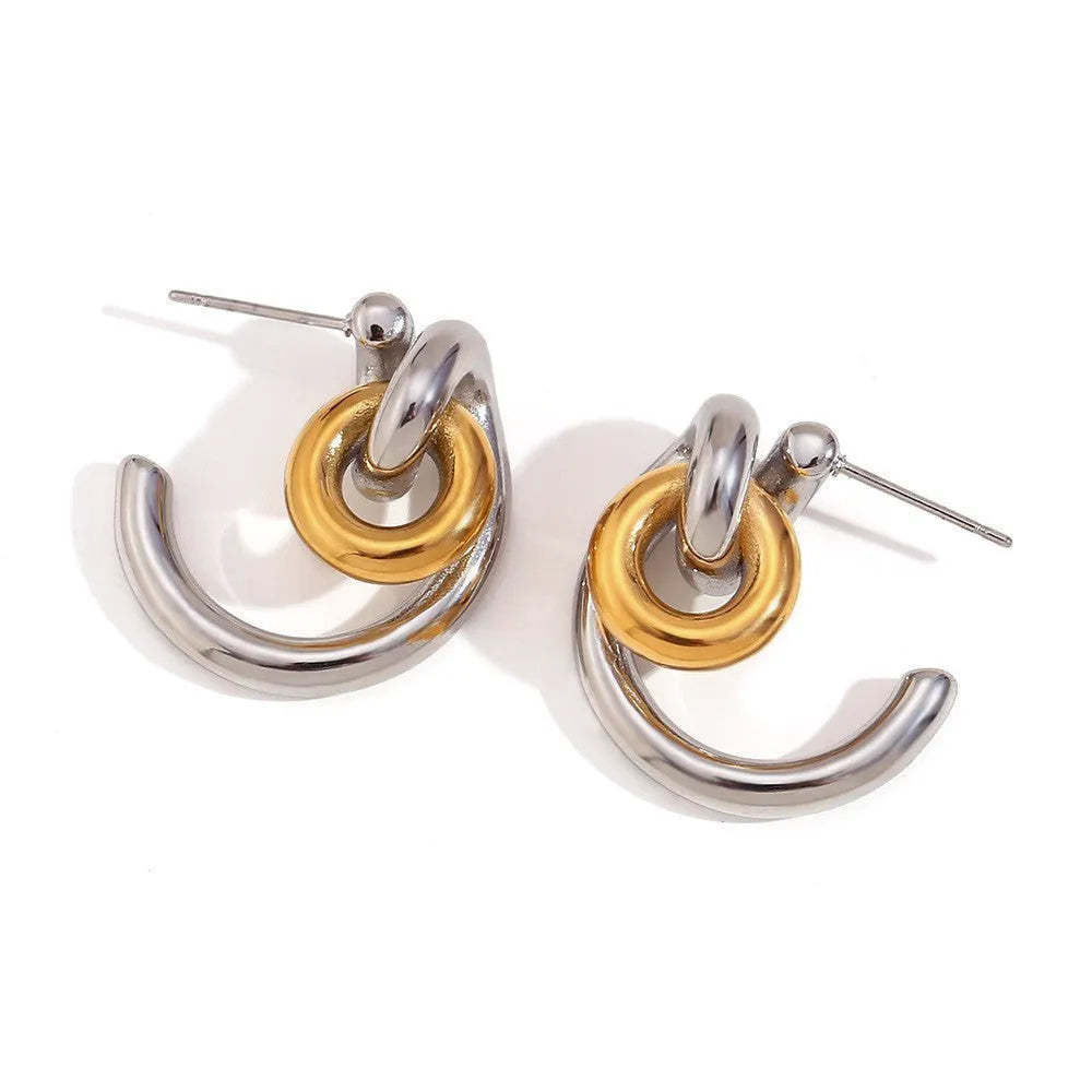 Gold electroplated jewellery set with geometric circle earrings, matching necklace and bracelet
