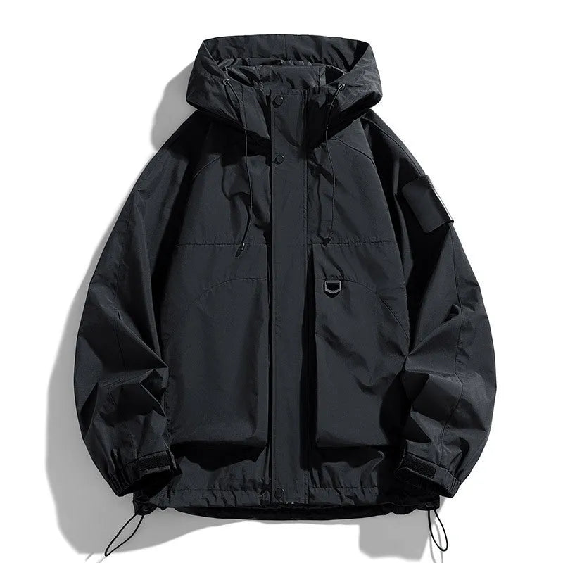Men's black waterproof windproof hooded jacket with long sleeves