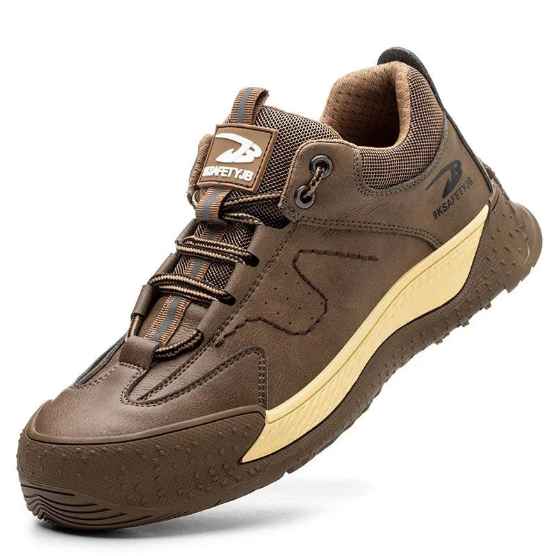 Flyknit safety work shoes with leather upper and rubber sole in black, khaki, gray, or insulated brown options