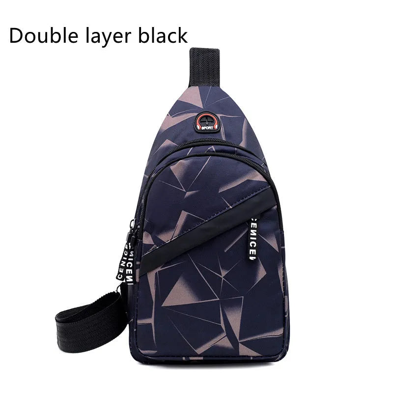 Men's blue Oxford cloth crossbody sling bag with earphone hole design showing zipper opening and letter print detail