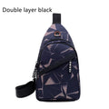 Men's blue Oxford cloth crossbody sling bag with earphone hole design showing zipper opening and letter print detail
