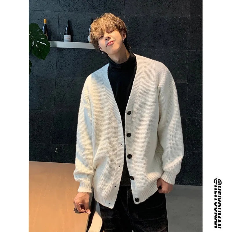 Men's cotton blend V-neck cardigan knitting sweater in loose fit casual style