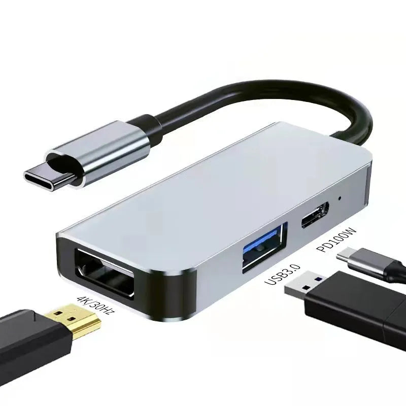 Compact aluminium USB-C expansion dock for laptop and tablet showing multiple port options.
