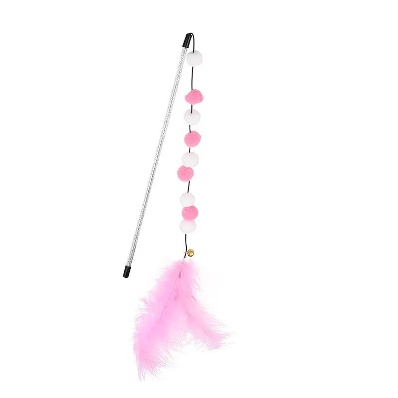 31 cm long cat teaser toy rod with bell and pompon feather attachments in blue colour