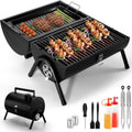 Small folding desktop charcoal barbecue grill with a compact, collapsible metal frame.