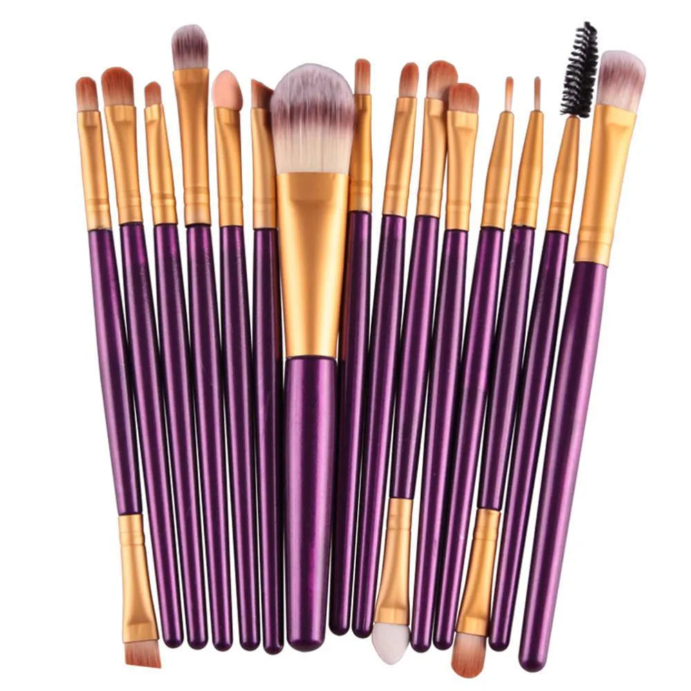 18-piece makeup brush set with fan brushes arranged on a table.