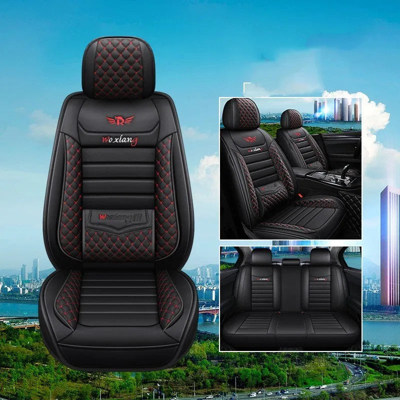 Leather car seat cushion with high elastic sponge filling in red, green, or brown colours.