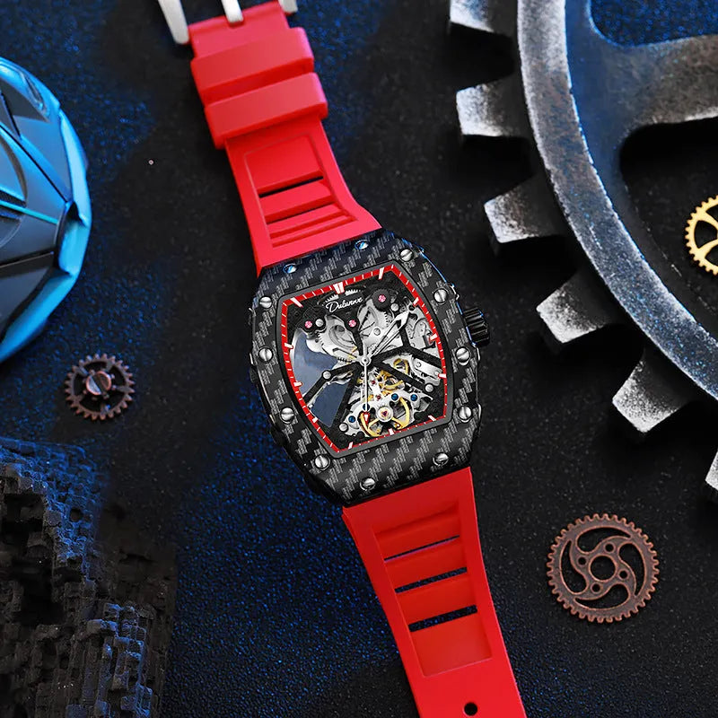 Men's mechanical luminous waterproof watch with black dial and rubber strap